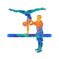 abstracte coach die jonge turnster opleidt om te balanceren op gymnastiekstraal van splash van aquarellen. vectorillustratie van verven vector