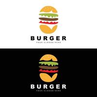 hamburger logo, snel voedsel ontwerp, brood en groenten vector, snel voedsel restaurant merk icoon illustratie vector