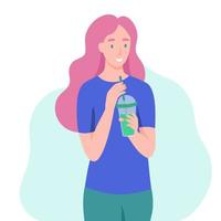 een jonge vrouw drinkt een smoothie, vers sap, een cocktail. het concept van goede voeding, gezonde levensstijl. platte cartoon afbeelding. vector