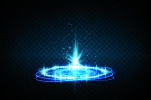 magie portalen Aan de nacht tafereel. blauw ronde hologrammen met stralen van licht en schittert. gloeiend futuristische teleporteren tunnel met kopiëren ruimte vector