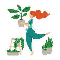 roodharig meisje dansen met een bloempot in haar handen. een vrouw zorgt voor kamerplant. gekke plant dame. Thuiswerken. moderne vectorillustratie in platte cartoon stijl. vector