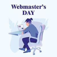 Internationale dag van webmasters. de programmeur is zittend Bij de computer. vector illustratie Aan de onderwerp van ontwerp, programmeren, en freelancen.