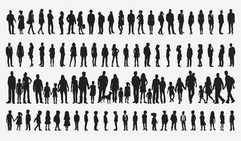 mensen silhouet reeks Mens vrouw silhouetten menigte van mensen familie kinderen volwassen jong mensen jeugd achtergrond vector illustratie
