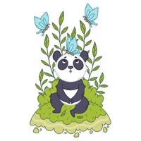 schattige kleine pandabeer zittend in een weiland en blauwe vlinders vliegen rond. vector