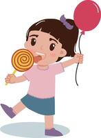 schattig en mooi weinig meisje gelukkig gezicht Holding ballon en aan het eten gezond voedsel likken snoep lolly illustratie vector