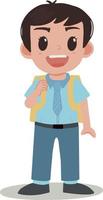 knap schattig kind weinig school- jongen met uniform en rugzak met glimlach grijnzend gelukkig gezicht illustratie vector