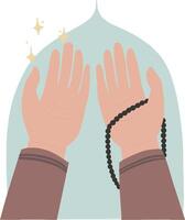 nieuw Ramadan kareem ied fitr Moslim gebed hand- getrokken met tasbih dua gebed kralen en moskee achtergrond esthetisch illustratie vector