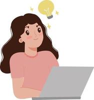 glimlachen mooi zo op zoek jong vrouw zittend werken Aan laptop krijgen een Super goed idee met licht lamp bovenstaand haar hoofd illustratie vector