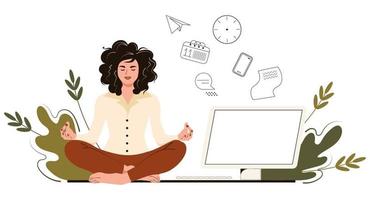 zakenvrouw mediteert op kantoor. concept yoga, ontspan, probeer stress op het werk los te laten. vectorillustratie in platte cartoon stijl vector