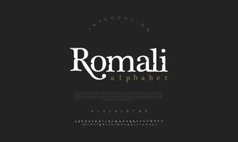 romali mode doopvont alfabet. minimaal modern stedelijk fonts voor logo, merk enz. typografie lettertype hoofdletters kleine letters en nummer. vector illustratie