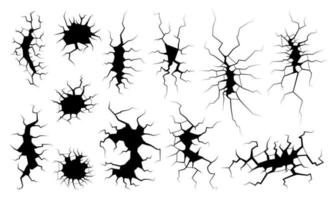 aardbeving scheuren. grond gebroken spleet fragmenten. seismisch grond trillingen en beschadigd beton verwoesting symbolen. aarde aardbeving barst zwart spleet gat set. vernietigd land- of muur met kloven. eps vector