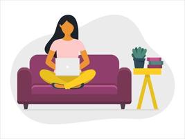 vrouw met laptop zittend op de bank. thuiskantoor, freelance of studeren concept. vector