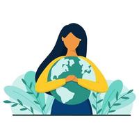 vrouw knuffelt planeet aarde met liefde en zorg. red het planeetconcept. vector