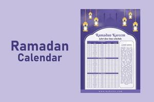 Ramadan kareem Islamitisch kalender sjabloon en sehri ifter tijd schema vector