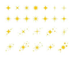 set van gouden, gele sterren fonkelt en schittert symbolen geïsoleerd op een witte achtergrond. heldere flits, stralende gloed, verblindende lichtpictogrammen vector