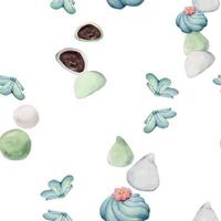 waterverf naadloos patroon met hand- getrokken traditioneel Japans snoepgoed. wagashi, mochi, zomer bloemen. geïsoleerd Aan wit achtergrond. uitnodigingen, restaurant menu, groet kaarten, afdrukken, textiel vector