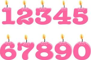 roze verjaardag kaarsen in de het formulier van nummers. sjabloon reeks van symbolen voor uitnodiging naar de verjaardag. vector vlak ontwerp geïsoleerd Aan wit achtergrond. vrij vector.
