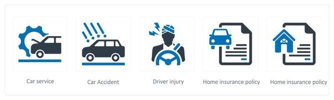 een reeks van 5 verzekering pictogrammen zo net zo auto onderhoud, auto ongeluk en bestuurder letsel vector