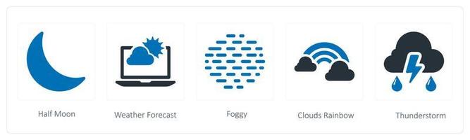een reeks van 5 weer pictogrammen zo net zo voor de helft maan, weer voorspelling en mistig vector