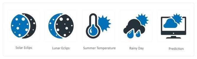 een reeks van 5 weer pictogrammen zo net zo zonne- verduistering, maan- verduistering en zomer temperatuur vector