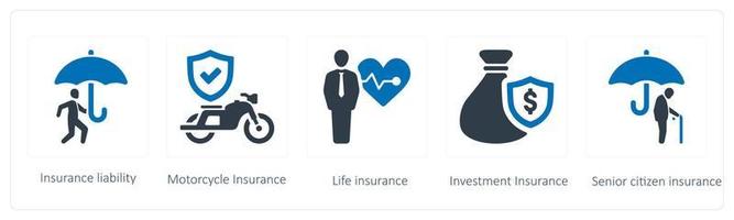 een reeks van 5 verzekering pictogrammen zo net zo verzekering aansprakelijkheid en motorfiets verzekering vector