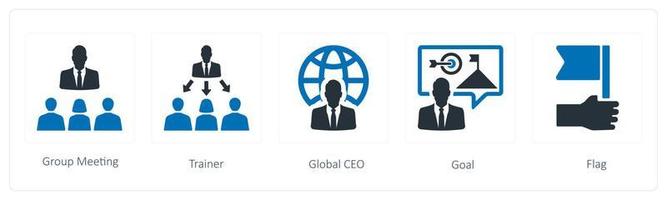 een reeks van 5 bedrijf pictogrammen zo net zo groep ontmoeting, trainer en globaal Directeur vector