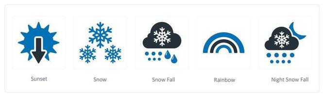 een reeks van 5 weer pictogrammen zo net zo zonsondergang, sneeuw en sneeuwval vector