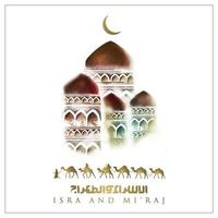 isra mi'raj islamitische illustratie vector ontwerp met Arabisch op kamelen en Arabische kalligrafie voor kaart, achtergrond, behang. Arabische kalligrafie betekent twee delen van de nachtelijke reis van de profeet Mohammed