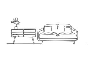doorlopend een lijn tekening groot bankstel met een tafel en bloemen. leven kamer concept single lijn trek ontwerp grafisch vector illustratie