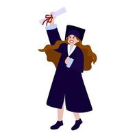 afstuderen meisje in mantel met diploma. vector illustratie in tekenfilm stijl