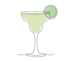 margarita cocktail, tequila met likeur en limoen sap en limoen plak doorlopend een lijn tekening vector