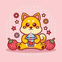 schattig shiba inu drinken aardbei sap chibi stijl vector tekenfilm illustratie