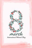 Internationale vrouwen dag ansichtkaart. cijfer acht gemaakt van gemakkelijk hand- getrokken inschrijving bloemen met tekst 8 maart met waterverf effect achtergrond. vector