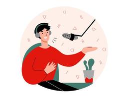 schattig Mens in hoofdtelefoons spreekt in de microfoon opname audio uitzending. podcast concept. interview met radio gastheer. vector