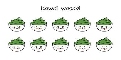 reeks van kawaii wasabi kom sushi mascottes in tekenfilm stijl vector