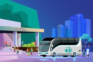 elektrisch tour bus opladen punt. onderhoud voor toeristen blijven Bij de hotel. groen energie concept, vector illustratie