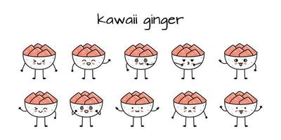 reeks van kawaii gember kom sushi mascottes in tekenfilm stijl vector
