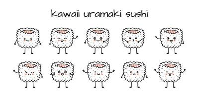 reeks van kawaii uramaki sushi mascottes in tekenfilm stijl vector
