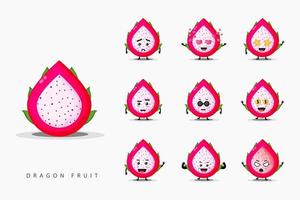schattige dragon fruit mascotte ontwerpset vector