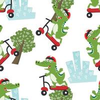 schattig krokodil kind rijden een trap scooter. grappig vector illustratie. creatief vector kinderachtig achtergrond voor kleding stof textiel, kinderkamer behang, brochure. en andere decoratie.