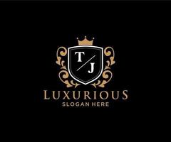 eerste tj brief Koninklijk luxe logo sjabloon in vector kunst voor restaurant, royalty, boetiek, cafe, hotel, heraldisch, sieraden, mode en andere vector illustratie.