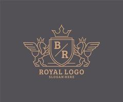 eerste br brief leeuw Koninklijk luxe heraldisch, wapen logo sjabloon in vector kunst voor restaurant, royalty, boetiek, cafe, hotel, heraldisch, sieraden, mode en andere vector illustratie.