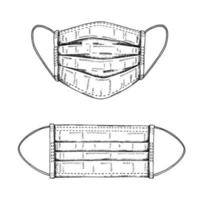 hand getrokken set medisch gezichtsmasker dat door de lucht overgedragen ziekten, virussen beschermt. covid19. coronavirus. verdediging tegen luchtverontreiniging. vector gravure illustratie.