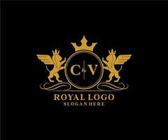 eerste CV brief leeuw Koninklijk luxe heraldisch, wapen logo sjabloon in vector kunst voor restaurant, royalty, boetiek, cafe, hotel, heraldisch, sieraden, mode en andere vector illustratie.