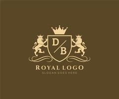 eerste db brief leeuw Koninklijk luxe heraldisch, wapen logo sjabloon in vector kunst voor restaurant, royalty, boetiek, cafe, hotel, heraldisch, sieraden, mode en andere vector illustratie.
