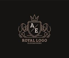 eerste ae brief leeuw Koninklijk luxe logo sjabloon in vector kunst voor restaurant, royalty, boetiek, cafe, hotel, heraldisch, sieraden, mode en andere vector illustratie.