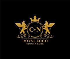 eerste cn brief leeuw Koninklijk luxe heraldisch, wapen logo sjabloon in vector kunst voor restaurant, royalty, boetiek, cafe, hotel, heraldisch, sieraden, mode en andere vector illustratie.