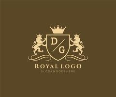 eerste dg brief leeuw Koninklijk luxe heraldisch, wapen logo sjabloon in vector kunst voor restaurant, royalty, boetiek, cafe, hotel, heraldisch, sieraden, mode en andere vector illustratie.