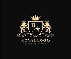 eerste verdorie brief leeuw Koninklijk luxe heraldisch, wapen logo sjabloon in vector kunst voor restaurant, royalty, boetiek, cafe, hotel, heraldisch, sieraden, mode en andere vector illustratie.