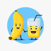 schattige banaan en bananensap mascotte hand in hand vector